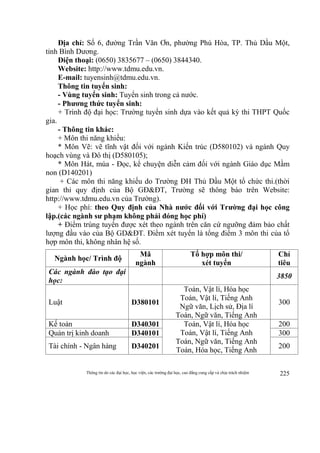 Thông tin do các đại học, học viện, các trường đại học, cao đẳng cung cấp và chịu trách nhiệm 225
Địa chỉ: Số 6, đường Trần Văn Ơn, phường Phú Hòa, TP. Thủ Dầu Một,
tỉnh Bình Dương.
Điện thoại: (0650) 3835677 – (0650) 3844340.
Website: http://www.tdmu.edu.vn.
E-mail: tuyensinh@tdmu.edu.vn.
Thông tin tuyển sinh:
- Vùng tuyển sinh: Tuyển sinh trong cả nước.
- Phương thức tuyển sinh:
+ Trình độ đại học: Trường tuyển sinh dựa vào kết quả kỳ thi THPT Quốc
gia.
- Thông tin khác:
+ Môn thi năng khiếu:
* Môn Vẽ: vẽ tĩnh vật đối với ngành Kiến trúc (D580102) và ngành Quy
hoạch vùng và Đô thị (D580105);
* Môn Hát, múa - Đọc, kể chuyện diễn cảm đối với ngành Giáo dục Mầm
non (D140201)
+ Các môn thi năng khiếu do Trường ĐH Thủ Dầu Một tổ chức thi.(thời
gian thi quy định của Bộ GĐ&ĐT, Trường sẽ thông báo trên Website:
http://www.tdmu.edu.vn của Trường).
+ Học phí: theo Quy định của Nhà nước đối với Trường đại học công
lập.(các ngành sư phạm không phải đóng học phí)
+ Điểm trúng tuyển được xét theo ngành trên căn cứ ngưỡng đảm bảo chất
lượng đầu vào của Bộ GD&ĐT. Điểm xét tuyển là tổng điểm 3 môn thi của tổ
hợp môn thi, không nhân hệ số.
Ngành học/ Trình độ
Mã
ngành
Tổ hợp môn thi/
xét tuyển
Chỉ
tiêu
Các ngành đào tạo đại
học:
3850
Luật D380101
Toán, Vật lí, Hóa học
Toán, Vật lí, Tiếng Anh
Ngữ văn, Lịch sử, Địa lí
Toán, Ngữ văn, Tiếng Anh
300
Kế toán D340301 Toán, Vật lí, Hóa học
Toán, Vật lí, Tiếng Anh
Toán, Ngữ văn, Tiếng Anh
Toán, Hóa học, Tiếng Anh
200
Quản trị kinh doanh D340101 300
Tài chính - Ngân hàng D340201 200
 