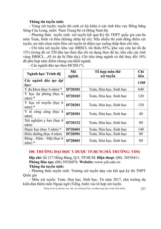 Thông tin do các đại học, học viện, các trường đại học, cao đẳng cung cấp và chịu trách nhiệm 257
Thông tin tuyển sinh:
- Vùng xét tuyển: tuyển thí sinh có hộ khẩu ở các tỉnh khu vực Đồng bằng
Sông Cửu Long, miền Nam Trung bộ và Đông Nam bộ.
- Phương thức tuyển sinh: xét tuyển kết quả Kỳ thi THPT quốc gia của ba
môn Toán, Sinh và Hóa (không nhân hệ số). Nếu nhiều thí sinh đồng điểm xét
tuyển, ưu tiên chọn môn Hóa xét tuyển từ điểm cao xuống thấp theo chỉ tiêu.
- Chỉ tiêu xét tuyển: khu vực ĐBSCL tối thiểu 85%, khu vực còn lại tối đa
15% (trong đó có 520 đào tạo theo địa chỉ sử dụng theo đề án, nhu cầu các tỉnh
vùng ĐBSCL...,65 từ dự bị Dân tộc). Chỉ tiêu từng ngành có thể thay đổi 10%
để phù hợp mức điểm chung của khối ngành.
- Các ngành đào tạo theo ĐCSD (*).
Ngành học/ Trình độ
Mã
ngành
Tổ hợp môn thi/
xét tuyển
Chỉ
tiêu
Các ngành đào tạo đại
học:
1300
Y đa khoa (học 6 năm) * D720101 Toán, Hóa học, Sinh học 640
Y học dự phòng (học 6
năm) *
D720103 Toán, Hóa học, Sinh học 120
Y học cổ truyền (học 6
năm) *
D720201 Toán, Hóa học, Sinh học 120
Y tế công cộng (học 4
năm)
D720301 Toán, Hóa học, Sinh học 40
Xét nghiệm y học (học 4
năm)
D720332 Toán, Hóa học, Sinh học 80
Dược học (học 5 năm) * D720401 Toán, Hóa học, Sinh học 140
Điều dưỡng (học 4 năm) D720501 Toán, Hóa học, Sinh học 80
Răng - Hàm - Mặt (học 6
năm) *
D720601 Toán, Hóa học, Sinh học 80
100. TRƯỜNG ĐẠI HỌC Y DƯỢC TP.HCM (MÃ TRƯỜNG: YDS)
Địa chỉ: Số 217 Hồng Bàng, Q.5, TP.HCM. Điện thoại: (08). 38558411.
Phòng Đào tạo: (08).39526076. Website: www.yds.edu.vn
Thông tin tuyển sinh:
- Phương thức tuyển sinh: Trường xét tuyển dựa vào kết quả kỳ thi THPT
Quốc gia
- Môn xét tuyển: Toán, Hoá học, Sinh học. Từ năm 2017, nhà trường dự
kiến đưa thêm môn Ngoại ngữ (Tiếng Anh) vào tổ hợp xét tuyển.
 