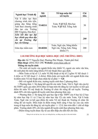 Thông tin do các đại học, học viện, các trường đại học, cao đẳng cung cấp và chịu trách nhiệm 33
Ngành học/ Trình độ
Mã
ngành
Tổ hợp môn thi/
xét tuyển
Chỉ
tiêu
Vật lí (đào tạo theo
chương trình tiên tiến,
giảng dạy bằng tiếng
Anh theo chương trình
đào tạo của Trường
ĐH Virginia, Hoa Kỳ)
T140211
Toán, VẬT LÍ, Hóa học
Toán, VẬT LÍ, Tiếng Anh
30
Liên kết đào tạo đại
học chính quy theo địa
chỉ tại Trường Đại
học An Giang:
200
Giáo dục mầm non D140201
Toán, Ngữ văn, Năng khiếu
Ngữ văn, Tiếng Anh, Năng
khiếu (*)
200
2.10.TRƯỜNG ĐẠI HỌC KHOA HỌC (MÃ TRƯỜNG: DHT)
Địa chỉ: Số 77 Nguyễn Huệ, Phường Phú Nhuận, Thành phố Huế.
Điện thoại: (054) 3823 290. Website: www.husc.edu.vn
Thông tin tuyển sinh:
- Thí sinh xét tuyển vào ngành Kiến trúc (khối V), ngoài các môn văn hóa,
thí sinh phải thi môn năng khiếu (Vẽ mỹ thuật) theo quy định.
- Môn Toán có hệ số 1,5; môn Vẽ Mỹ thuật có hệ số 2 (gồm Vẽ Mỹ thuật 1:
6 điểm và Vẽ Mỹ thuật 2: 4 điểm). Điều kiện xét tuyển đối với ngành Kiến trúc
là điểm môn Vẽ mỹ thuật chưa nhân hệ số phải >= 5,0.
- Đối với ngành Kiến trúc, trường tuyển sinh theo 2 phương thức:
+ Phương thức 1: Sử dụng kết quả thi các môn Toán, Vật lí, Ngữ văn của kỳ
thi THPT quốc gia năm 2016 (theo tổ hợp môn thi đăng ký xét tuyển) và kết quả
điểm thi môn Vẽ mỹ thuật do Trường tổ chức thi riêng để xét tuyển. Trường
dành 80% chỉ tiêu ngành để tuyển sinh theo phương thức này.
+ Phương thức 2: Sử dụng kết quả học tập ở bậc THPT của 4 học kỳ (2 học
kỳ năm học lớp 11 và 2 học kỳ năm học lớp 12) các môn Toán, Vật lí hoặc
Toán, Ngữ văn và kết quả điểm thi môn Vẽ mỹ thuật do Trường tổ chức thi
riêng để xét tuyển. Điều kiện là điểm trung bình cộng 4 học kỳ của các môn
trong tổ hợp môn thi đăng ký xét tuyển phải >= 12.0, làm tròn đến 1 chữ số thập
phân. Trường dành 20% chỉ tiêu ngành để tuyển sinh theo phương thức này.
- Điểm trúng tuyển được lấy từ cao đến thấp cho đến hết chỉ tiêu.
 