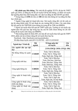 Thông tin do các đại học, học viện, các trường đại học, cao đẳng cung cấp và chịu trách nhiệm46
- Hệ chính quy liên thông: Thí sinh đã tốt nghiệp TCCN, đã dự thi THPT
quốc gia 2016, có đăng ký thi để xét tuyển CĐ hệ liên thông, có điểm xét tuyển
đạt ngưỡng đảm bảo chất lượng đầu vào cấp Cao đẳng do Bộ GD-ĐT qui định.
* Trong tổng số 2150 chỉ tiêu có 100 chỉ tiêu liên thông từ Cao đẳng lên Đại
học chính quy.
* Ngành Công nghệ kỹ thuật kiến trúc: Xét tuyển riêng đối với thí sinh có
dự thi năng khiếu môn Vẽ mỹ thuật do các trường ĐH tổ chức. Các môn khác
lấy kết quả kỳ thi THPTQG (xem thông tin trong đề án TSR của ĐHĐN)
* Ngoài xét tuyển theo kết quả thi THPT quốc gia, Trường có xét tuyển các
ngành theo kết quả học tập trong học bạ của thí sinh (Xem thông tin chi tiết
trong đề án tuyển sinh riêng của ĐHĐN).
* Nhà trường dành tối thiểu 60% chỉ tiêu để xét tuyển theo kết quả thi THPT
2016, phần còn lại sẽ được dùng để xét tuyển theo học bạ
Facebook : http://facebook.com/tuyensinhcdcn
Số điện thoại tuyển sinh (05113) 835705 – (05113) 8530103
Ngành học/ Trình độ
Mã
ngành
Tổ hợp môn thi/
xét tuyển
Chỉ
tiêu
Các ngành đào tạo đại
học
2150 (CĐCQ: 2050; LTCQ: 100)
Hệ thống thông tin quản
lí
C340405
Toán, Vật lí, Hóa học
Toán, Vật lí, Tiếng Anh
Toán, Ngữ văn, Tiếng Anh
Công nghệ sinh học C420201
Toán, Vật lí, Hóa học
Toán, Hoá học, Sinh học
Toán, Hóa học, Tiếng Anh
Toán, Sinh học, Tiếng Anh
Công nghệ thông tin C480201
Toán, Vật lí, Hóa học
Toán, Vật lí, Tiếng Anh
Toán, Ngữ văn, Tiếng Anh
Công nghệ kĩ thuật kiến
trúc
C510101
Toán, Vật lí, Hóa học
Toán, Vật lí, Tiếng Anh
Toán, Vật lí, Ngữ văn
Toán, Ngữ văn, Vẽ mỹ thuật
Công nghệ kĩ thuật công
trình xây dựng
C510102
Toán, Vật lí, Hóa học
Toán, Vật lí, Tiếng Anh
Toán, Vật lí, Ngữ văn
Toán, Ngữ văn, Tiếng Anh
Công nghệ kỹ thuật xây
dựng
C510103
 