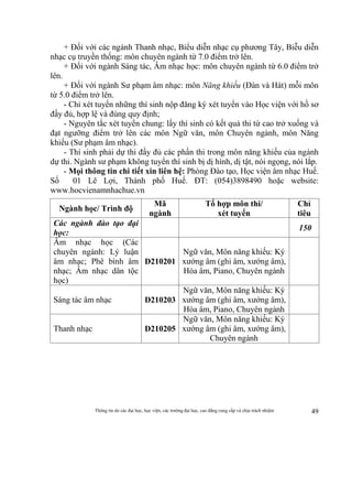 Thông tin do các đại học, học viện, các trường đại học, cao đẳng cung cấp và chịu trách nhiệm 49
+ Đối với các ngành Thanh nhạc, Biểu diễn nhạc cụ phương Tây, Biễu diễn
nhạc cụ truyền thống: môn chuyên ngành từ 7.0 điểm trở lên.
+ Đối với ngành Sáng tác, Âm nhạc học: môn chuyên ngành từ 6.0 điểm trở
lên.
+ Đối với ngành Sư phạm âm nhạc: môn Năng khiếu (Đàn và Hát) mỗi môn
từ 5.0 điểm trở lên.
- Chỉ xét tuyển những thí sinh nộp đăng ký xét tuyển vào Học viện với hồ sơ
đầy đủ, hợp lệ và đúng quy định;
- Nguyên tắc xét tuyển chung: lấy thí sinh có kết quả thi từ cao trở xuống và
đạt ngưỡng điểm trở lên các môn Ngữ văn, môn Chuyên ngành, môn Năng
khiếu (Sư phạm âm nhạc).
- Thí sinh phải dự thi đầy đủ các phần thi trong môn năng khiếu của ngành
dự thi. Ngành sư phạm không tuyển thí sinh bị dị hình, dị tật, nói ngọng, nói lắp.
- Mọi thông tin chi tiết xin liên hệ: Phòng Đào tạo, Học viện âm nhạc Huế.
Số 01 Lê Lợi, Thành phố Huế. ĐT: (054)3898490 hoặc website:
www.hocvienamnhachue.vn
Ngành học/ Trình độ
Mã
ngành
Tổ hợp môn thi/
xét tuyển
Chỉ
tiêu
Các ngành đào tạo đại
học:
150
Âm nhạc học (Các
chuyên ngành: Lý luận
âm nhạc; Phê bình âm
nhạc; Âm nhạc dân tộc
học)
D210201
Ngữ văn, Môn năng khiếu: Ký
xướng âm (ghi âm, xướng âm),
Hòa âm, Piano, Chuyên ngành
Sáng tác âm nhạc D210203
Ngữ văn, Môn năng khiếu: Ký
xướng âm (ghi âm, xướng âm),
Hòa âm, Piano, Chuyên ngành
Thanh nhạc D210205
Ngữ văn, Môn năng khiếu: Ký
xướng âm (ghi âm, xướng âm),
Chuyên ngành
 