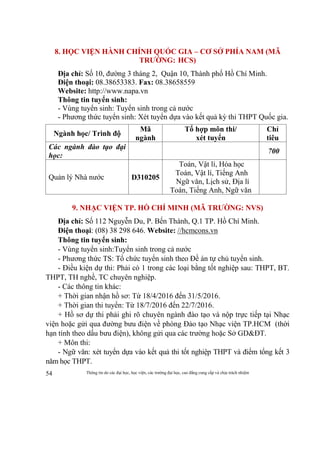 Thông tin do các đại học, học viện, các trường đại học, cao đẳng cung cấp và chịu trách nhiệm54
8. HỌC VIỆN HÀNH CHÍNH QUỐC GIA – CƠ SỞ PHÍA NAM (MÃ
TRƯỜNG: HCS)
Địa chỉ: Số 10, đường 3 tháng 2, Quận 10, Thành phố Hồ Chí Minh.
Điện thoại: 08.38653383. Fax: 08.38658559
Website: http://www.napa.vn
Thông tin tuyển sinh:
- Vùng tuyển sinh: Tuyển sinh trong cả nước
- Phương thức tuyển sinh: Xét tuyển dựa vào kết quả kỳ thi THPT Quốc gia.
Ngành học/ Trình độ
Mã
ngành
Tổ hợp môn thi/
xét tuyển
Chỉ
tiêu
Các ngành đào tạo đại
học:
700
Quản lý Nhà nước D310205
Toán, Vật lí, Hóa học
Toán, Vật lí, Tiếng Anh
Ngữ văn, Lịch sử, Địa lí
Toán, Tiếng Anh, Ngữ văn
9. NHẠC VIỆN TP. HỒ CHÍ MINH (MÃ TRƯỜNG: NVS)
Địa chỉ: Số 112 Nguyễn Du, P. Bến Thành, Q.1 TP. Hồ Chí Minh.
Điện thoại: (08) 38 298 646. Website: //hcmcons.vn
Thông tin tuyển sinh:
- Vùng tuyển sinh:Tuyển sinh trong cả nước
- Phương thức TS: Tổ chức tuyển sinh theo Đề án tự chủ tuyển sinh.
- Điều kiện dự thi: Phải có 1 trong các loại bằng tốt nghiệp sau: THPT, BT.
THPT, TH nghề, TC chuyên nghiệp.
- Các thông tin khác:
+ Thời gian nhận hồ sơ: Từ 18/4/2016 đến 31/5/2016.
+ Thời gian thi tuyển: Từ 18/7/2016 đến 22/7/2016.
+ Hồ sơ dự thi phải ghi rõ chuyên ngành đào tạo và nộp trực tiếp tại Nhạc
viện hoặc gửi qua đường bưu điện về phòng Đào tạo Nhạc viện TP.HCM (thời
hạn tính theo dấu bưu điện), không gửi qua các trường hoặc Sở GD&ĐT.
+ Môn thi:
- Ngữ văn: xét tuyển dựa vào kết quả thi tốt nghiệp THPT và điểm tổng kết 3
năm học THPT.
 