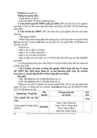 Thông tin do các đại học, học viện, các trường đại học, cao đẳng cung cấp và chịu trách nhiệm60
Website: bvu.edu.vn.
Thông tin tuyển sinh:
- Vùng tuyển: cả nước
- Xét tuyển ĐH, CĐ theo 2 phương thức:
1. Căn cứ kết quả thi THPT quốc gia 2016, 60% chỉ tiêu tất cả các ngành:
quy định về hồ sơ; thời gian nộp theo Quy chế tuyển sinh ĐH, CĐ hệ chính quy
hiện hành.
2. Căn cứ học bạ THPT, 40% chỉ tiêu tất cả các ngành, tiêu chí xét tuyển
như sau:
+ Tốt nghiệp THPT.
+ Điểm trung bình chung ba môn tương ứng với tổ hợp môn xét tuyển thuộc
hai học kỳ lớp 12 đạt từ 6,0 điểm trở lên đối với xét tuyển ĐH; từ 5,5 điểm trở
lên đối với CĐ.
- Nộp hồ sơ:
+ Đợt 1: từ 1/2 đến 31/3/2016
+ Đợt 2: từ 1/4 đến 20/8/2016
+ Đợt 3: từ 21/8 đến 10/9/2016
+ Đợt 4 (nếu còn chỉ tiêu): từ 11/9/2016 đến hết thời hạn do Bộ GD&ĐT
quy định.
* Cả hai phương thức trên, môn Địa lí và Lịch sử được thay thế cho nhau trừ
tổ hợp môn C00.
* Từ 1/2/2016, thí sinh có bằng tốt nghiệp THPT hoặc HS lớp 12 chưa
thi THPT QG 2016 được đăng ký cả hai phương thức trên tại website
bvu.edu.vn, sau đó nộp đủ hồ sơ theo từng đợt xét tuyển.
Học phí:
+ ĐH: 400.000đ/tín chỉ (6.000.000 đ/học kỳ 1);
+ CĐ: 350.000đ/tín chỉ (5.250.000 đ/học kỳ 1).
Thông tin chi tiết 21 ngành, 48 chuyên ngành ĐH, CĐ và các nội dung liên
quan, thí sinh vui lòng xem tại website: bvu.edu.vn hoặc gọi số (064)3511999;
3533114 để được tư vấn.
Ngành học/ Trình độ
Mã
ngành
Tổ hợp môn thi/
xét tuyển
Chỉ
tiêu
Các ngành đào tạo đại
học:
1910
Công nghệ kĩ thuật điện,
điện tử
D510301
Toán, Vật lí, Hóa học
Toán, Vật lí, Tiếng Anh
Toán, Vật lí, Địa lí
Ngữ văn, Toán, Vật lí
 