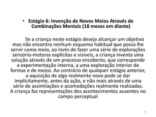 • Estágio 6: Invenção de Novos Meios Através de
Combinações Mentais (18 meses em diante)
Se a criança neste estágio deseja alcançar um objetivo
mas não encontra nenhum esquema habitual que possa lhe
servir como meio, ao invés de fazer uma série de explorações
sensório-motoras explícitas e visíveis, a criança inventa uma
solução através de um processo encoberto, que corresponde
a experimentação interna, a uma exploração interior de
formas e de meios. Ao contrário de qualquer estágio anterior,
a aquisição de algo realmente novo pode se dar
implicitamente, antes da ação, e não mais através de uma
série de assimilações e acomodações realmente realizadas.
A criança faz representações dos acontecimentos ausentes no
campo perceptual
11
 