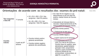 DOENÇA HEMOLÍTICA PERINATAL
portaldeboaspraticas.iff.fiocruz.br
Brasil, 2016.Orientações de acordo com os resultados dos exames do pré-natal:
 