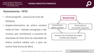 DOENÇA HEMOLÍTICA PERINATAL
portaldeboaspraticas.iff.fiocruz.br
• Ultrassonografia – pesquisa de sinais de
hidropisia
• Dopplervelocimetria da artéria cerebral
média do feto - método consagrado e não
invasivo, pois correlaciona o aumento da
velocidade de fluxo (Pico da velocidade da
artéria cerebral média) com o grau de
anemia fetal (Curva de Mari).
Rastreamento - FETO
Creasy e Resnik Medicina Materno Fetal: Principios e Práticas, cap36, ed Elsevier,2016.
Anemia Fetal
Aumento da velocidade do sangue
(medido pelo doppler)
Diminuição da
viscosidade sanguínea
Aumento do
débito cardíaco
 