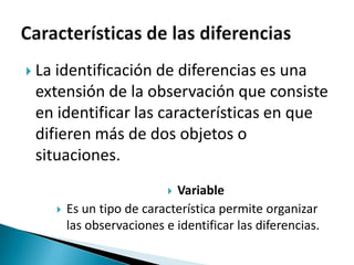 Laidentificación de diferencias es una
 extensión de la observación que consiste
 en identificar las características en que
 difieren más de dos objetos o
 situaciones.
                              Variable
          Es un tipo de característica permite organizar
           las observaciones e identificar las diferencias.
 