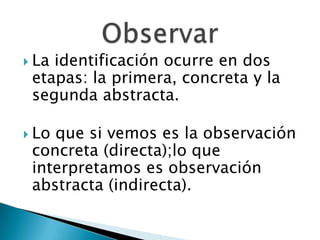  Laidentificación ocurre en dos
 etapas: la primera, concreta y la
 segunda abstracta.

 Loque si vemos es la observación
 concreta (directa);lo que
 interpretamos es observación
 abstracta (indirecta).
 