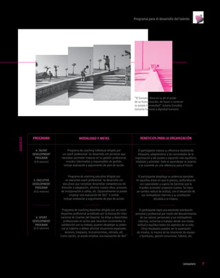Programa para el desarrollo del talento




                                                                                         “El humano lleva en su ser el poder
                                                                                         de su humanización, de hacer o construir
                                                                                         su propia humanidad”. Juliana González.
                                                                                         Genoma humano y dignidad humana.




           PROGRAMA                         MODALIDAD Y METAS                                BENEFICIOS PARA LA ORGANIZACIÓN
ADVANCED




             4. TALENT              Programa de coaching individual dirigido por            El participante mejora su eficiencia resolviendo
           DEVELOPMENT         un coach profesional. Se desarrolla con personas que        bloqueos, adaptándose a las necesidades de la
             PROGRAM          necesitan acometer mejoras en su gestión profesional,      organización y del puesto y logrando más equilibrio,
            (4-8 sesiones)        mandos intermedios y responsables de gestión.          vitalidad y actividad. Todo el aprendizaje se asienta
                                Incluye realización y seguimiento de plan de acción.        y se convierte en una referencia para el futuro.


                                   Programa de coaching ejecutivo dirigido por             El participante despliega su potencial ejecutivo
            5. EXECUTIVE         un executive coach profesional. Se desarrolla con        en aquellas áreas en que lo precisa, profundiza en
           DEVELOPMENT        ejecutivos que necesitan desarrollar competencias de           sus capacidades y supera las barreras que le
             PROGRAM         dirección o adaptación, afrontar nuevos retos, procesos        impiden acometer proyectos nuevos. Se logra
           (6-12 sesiones)   de incorporación o salida, etc. Opcionalmente se puede       un cambio radical de actitud, con el desarrollo de
                                    emplear una evaluación de 360˚ o similar.                 sus motivadores internos y su orientación
                               Incluye realización y seguimiento de plan de acción.                      decidida a la mejora.


                              Programa de coaching deportivo dirigido por un coach           El participante logra una excelente orientación
                             deportivo profesional acreditado por la Asociación Inter-    personal y profesional por medio del descubrimiento
             6. SPORT        nacional de Coaches del Deporte. Se dirige a deportistas         de sus valores personales y sus motivadores
           DEVELOPMENT          profesionales en activo que necesitan incrementar la        internos, comienza a trabajar desde una nueva
             PROGRAM          satisfacción con su trabajo, quieren desplegar su poten-     actitud y equilibra todos los aspectos de su vida.
           (6-12 sesiones)    cial al máximo o deben afrontar situaciones especiales:          Otros resultados pueden ser la superación
                                 lesiones, traspasos, incorporaciones, retirada, etc.      de miedos, la mejora de las relaciones de equipo
                             Como opción, se puede emplear una evaluación de 360˚.           o familiares, gestión emocional, hábitos, etc.




                                                                                                                                  umanes         7
 