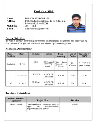 Curriculum Vitaé
Name : DHRITIMAN BANEREE
Career Objective:
To work in globally competitive environment on challenging assignments that shall yield the
twin benefits of the job satisfaction and a steady-pace professional growth.
Academic Qualifications:
Degree /
Certificate
Degree Discipline Institute Board /
University
Year of
Passing
Aggregate % /
CGPA
Graduation B. Tech
E.C.E JIS College of
Engineering
Kalyani
West Bengal
University of
Technology
2015
(Pursuing)
8.44/10(76.9%)
(upto 7th
sem)
12th
A.I.S.S.C.E
SCIENCE K.V.C.R.P.F,
DURGAPUR
C.B.S.E 2010 82.80
10th
A.I.S.S.E
GENERAL K.V.C.R.P.F,
DURGAPUR
C.B.S.E 2008 88.00
Trainings Undertaken:
Name of Institute /
Organization Project Title Duration
Indian Railways Telecommunication Technology used in
Signal and Telecommunication
Department,Eastern Railway
4 weeks
nm
Name : DHRITIMAN BANERJEE
Address : P-862,Pushpak Apartment,Flat no-5,Block-A,
Laketown,Kolkata-700089
Mobile No : 7501144464
Email : dhritimanbnrj@gmail.com
 