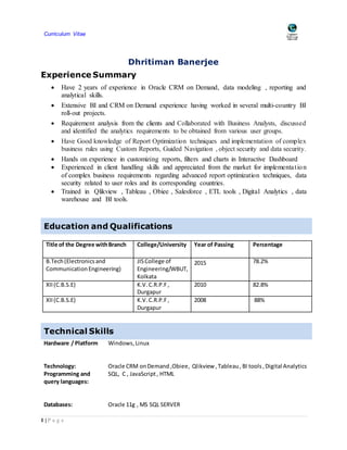 Curriculum Vitae
1 | P a g e
Dhritiman Banerjee
Experience Summary
 Have 2 years of experience in Oracle CRM on Demand, data modeling , reporting and
analytical skills.
 Extensive BI and CRM on Demand experience having worked in several multi-country BI
roll-out projects.
 Requirement analysis from the clients and Collaborated with Business Analysts, discussed
and identified the analytics requirements to be obtained from various user groups.
 Have Good knowledge of Report Optimization techniques and implementation of complex
business rules using Custom Reports, Guided Navigation , object security and data security.
 Hands on experience in customizing reports, filters and charts in Interactive Dashboard
 Experienced in client handling skills and appreciated from the market for implementation
of complex business requirements regarding advanced report optimization techniques, data
security related to user roles and its corresponding countries.
 Trained in Qlikview , Tableau , Obiee , Salesforce , ETL tools , Digital Analytics , data
warehouse and BI tools.
Education and Qualifications
Title of the Degree withBranch College/University Year of Passing Percentage
B.Tech(Electronicsand
CommunicationEngineering)
JISCollege of
Engineering/WBUT,
Kolkata
2015 78.2%
XII(C.B.S.E) K.V.C.R.P.F,
Durgapur
2010 82.8%
XII(C.B.S.E) K.V.C.R.P.F,
Durgapur
2008 88%
Technical Skills
Hardware / Platform Windows,Linux
Technology: Oracle CRM onDemand ,Obiee, Qlikview ,Tableau, BI tools,Digital Analytics
Programming and
query languages:
SQL, C , JavaScript, HTML
Databases: Oracle 11g , MS SQL SERVER
 