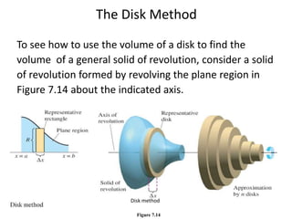 The Disk Method 
To see how to use the volume of a disk to find the 
volume of a general solid of revolution, consider a solid 
of revolution formed by revolving the plane region in 
Figure 7.14 about the indicated axis. 
Disk method 
Figure 7.14 
 