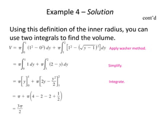Example 4 – Solution 
Using this definition of the inner radius, you can 
use two integrals to find the volume. 
Apply washer method. 
Simplify. 
Integrate. 
cont’d 
 