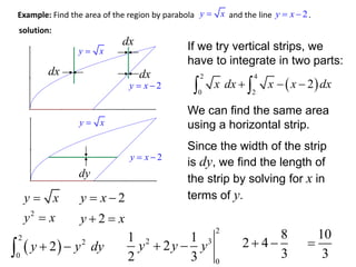 Example: Find the area of the region by parabola and the line . 
y  x 
y  x  2 
yx 
y  x  2 
If we try vertical strips, we 
have to integrate in two parts: 
dx 
dx 
2 4 
  
0 2 
 x dx   x  x  2 dx 
We can find the same area 
using a horizontal strip. 
dy 
Since the width of the strip 
is dy, we find the length of 
the strip by solving for x in 
y  x terms of y. 
2 y  x 
y  x  2 
y  2  x 
  
2 
2 
0 
 y  2  y dy 
2 
1 1 
  
2 3 
0 
y  2 
y  y 
2 3 
8 
2 4 
3 
10 
3 
 
dx 
yx 2yx 
solution: 
 