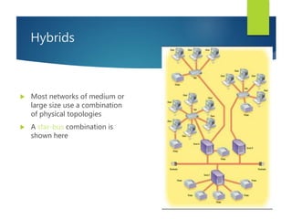 Hybrids
 Most networks of medium or
large size use a combination
of physical topologies
 A star-bus combination is
shown here
 