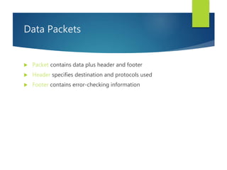 Data Packets
 Packet contains data plus header and footer
 Header specifies destination and protocols used
 Footer contains error-checking information
 
