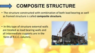 COMPOSITE STRUCTURE
• The structure constructed with combination of both load bearing as well
as framed structure is called composite structure.
• In this type of structure external walls
are treated as load bearing walls and
all intermediate supports are in the
form of R.C.C. columns.
 