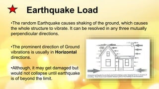Earthquake Load
•The random Earthquake causes shaking of the ground, which causes
the whole structure to vibrate. It can be resolved in any three mutually
perpendicular directions.
•The prominent direction of Ground
vibrations is usually in Horizontal
directions.
•Although, it may get damaged but
would not collapse until earthquake
is of beyond the limit.
 