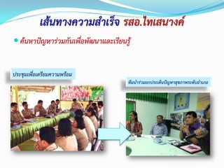 เส้นทางความสาเรจ รสอ.ไทเสนางค์
 ค้นหาปัญหาร่วมกันเพื่อพัฒนาและเรียนรู้
ทีมนาร่วมถกประเดนปัญหาสุขภาพระดับอาเภอ
ประชุมเพื่อเตรียมความพร้อม
 