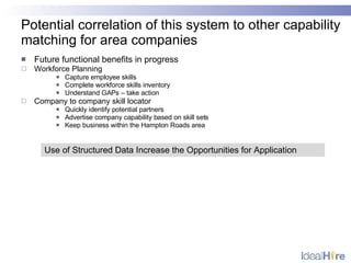 Potential correlation of this system to other capability matching for area companies <ul><ul><li>Future functional benefit...