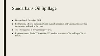 Sundarbans Oil Spillage
■ Occurred on 9 December 2014.
■ Southern star VII was carrying 350,000 liters of furnace oil and was in collision with a
cargo vessel and sank in the river.
■ The spill occurred at protect mangrove area.
■ Expert estimated that BDT 1,000,000,000 was lost as a result of the sinking of the oil
tanker.
 