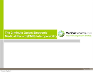 The 2-minute Guide: Electronic
Medical Record (EMR) Interoperability
Summer	
  2013
Thursday, May 30, 13
 