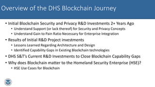 Overview of the DHS Blockchain Journey
• Initial Blockchain Security and Privacy R&D Investments 2+ Years Ago
• Understand Support (or lack thereof) for Security and Privacy Concepts
• Understand Gain to Pain Ratio Necessary for Enterprise Integration
• Results of Initial R&D Project investments
• Lessons Learned Regarding Architecture and Design
• Identified Capability Gaps in Existing Blockchain technologies
• DHS S&T’s Current R&D Investments to Close Blockchain Capability Gaps
• Why does Blockchain matter to the Homeland Security Enterprise (HSE)?
• HSE Use Cases for Blockchain
 