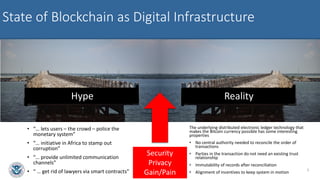State of Blockchain as Digital Infrastructure
• “… lets users – the crowd – police the
monetary system”
• “… initiative in Africa to stamp out
corruption”
• “… provide unlimited communication
channels”
• “ … get rid of lawyers via smart contracts”
The underlying distributed electronic ledger technology that
makes the Bitcoin currency possible has some interesting
properties
• No central authority needed to reconcile the order of
transactions
• Parties in the transaction do not need an existing trust
relationship
• Immutability of records after reconciliation
• Alignment of incentives to keep system in motion
Security
Privacy
Gain/Pain
Hype Reality
5
 