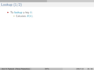 Lookup (1/2)
To lookup a key k:
• Calculate H(k).
Amir H. Payberah (Tehran Polytechnic) DHTs 1393/7/12 19 / 62
 