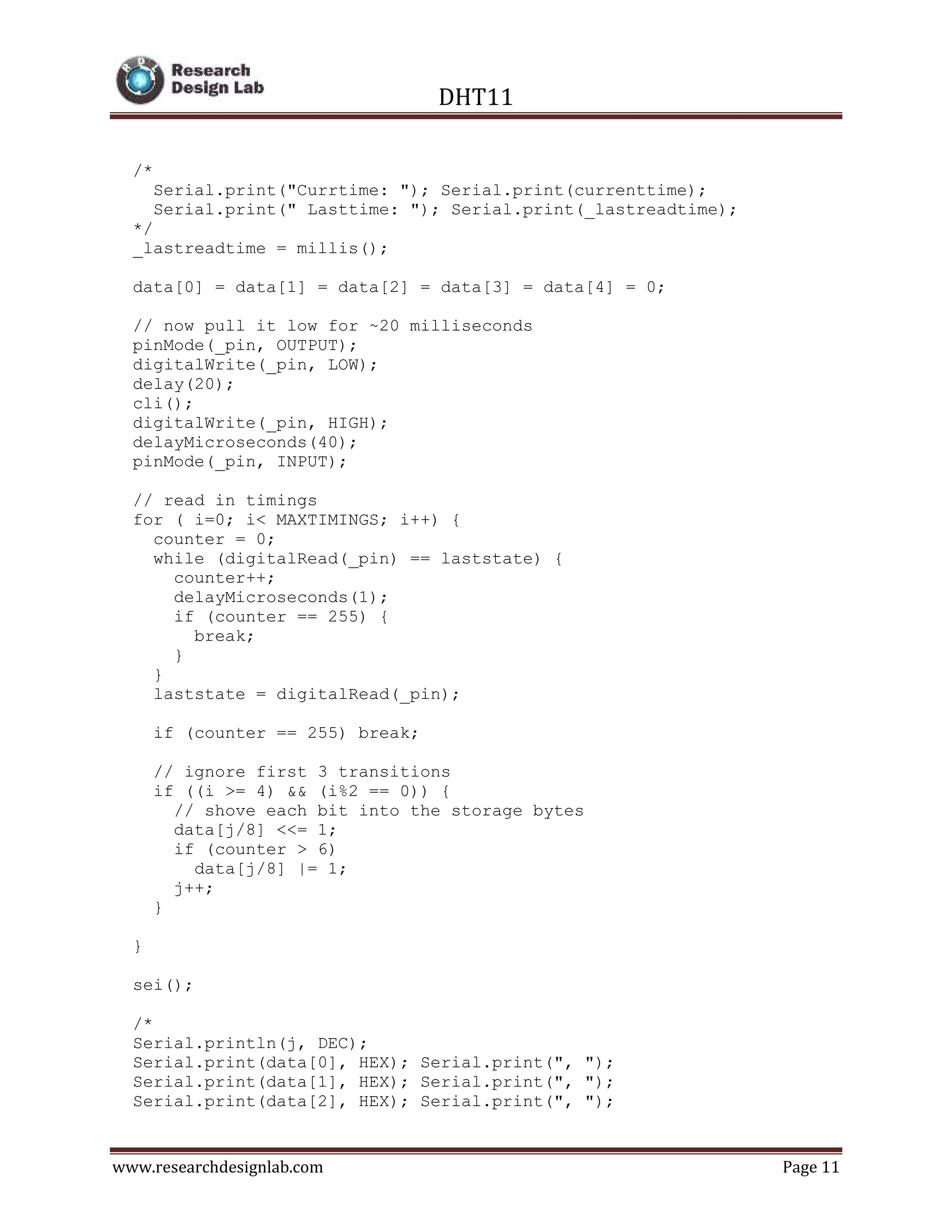 DHT11
www.researchdesignlab.com Page 11
/*
Serial.print("Currtime: "); Serial.print(currenttime);
Serial.print(" Lasttime: "); Serial.print(_lastreadtime);
*/
_lastreadtime = millis();
data[0] = data[1] = data[2] = data[3] = data[4] = 0;
// now pull it low for ~20 milliseconds
pinMode(_pin, OUTPUT);
digitalWrite(_pin, LOW);
delay(20);
cli();
digitalWrite(_pin, HIGH);
delayMicroseconds(40);
pinMode(_pin, INPUT);
// read in timings
for ( i=0; i< MAXTIMINGS; i++) {
counter = 0;
while (digitalRead(_pin) == laststate) {
counter++;
delayMicroseconds(1);
if (counter == 255) {
break;
}
}
laststate = digitalRead(_pin);
if (counter == 255) break;
// ignore first 3 transitions
if ((i >= 4) && (i%2 == 0)) {
// shove each bit into the storage bytes
data[j/8] <<= 1;
if (counter > 6)
data[j/8] |= 1;
j++;
}
}
sei();
/*
Serial.println(j, DEC);
Serial.print(data[0], HEX); Serial.print(", ");
Serial.print(data[1], HEX); Serial.print(", ");
Serial.print(data[2], HEX); Serial.print(", ");
 