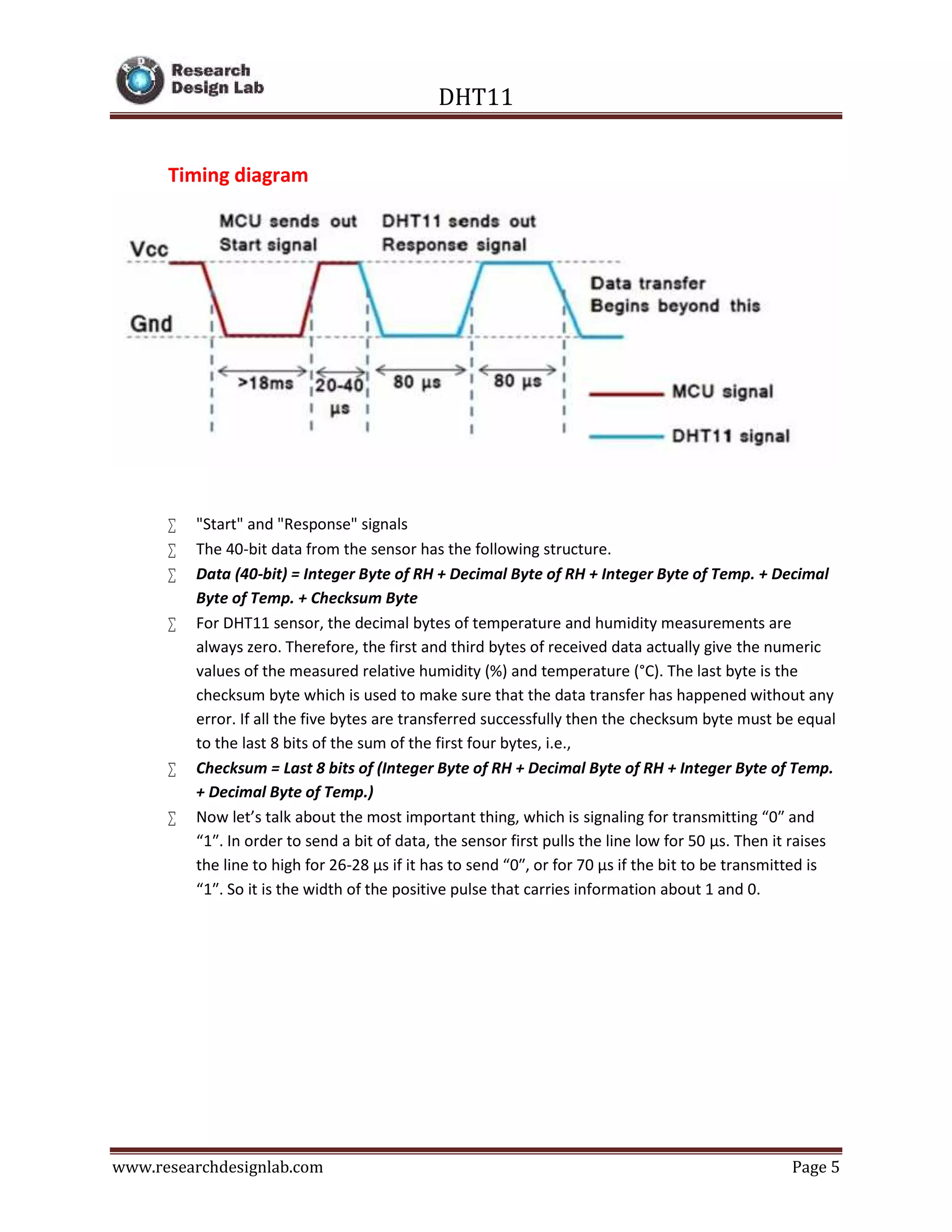 DHT11
www.researchdesignlab.com Page 5
Timing diagram
 "Start" and "Response" signals
 The 40-bit data from the sensor has the following structure.
 Data (40-bit) = Integer Byte of RH + Decimal Byte of RH + Integer Byte of Temp. + Decimal
Byte of Temp. + Checksum Byte
 For DHT11 sensor, the decimal bytes of temperature and humidity measurements are
always zero. Therefore, the first and third bytes of received data actually give the numeric
values of the measured relative humidity (%) and temperature (°C). The last byte is the
checksum byte which is used to make sure that the data transfer has happened without any
error. If all the five bytes are transferred successfully then the checksum byte must be equal
to the last 8 bits of the sum of the first four bytes, i.e.,
 Checksum = Last 8 bits of (Integer Byte of RH + Decimal Byte of RH + Integer Byte of Temp.
+ Decimal Byte of Temp.)
 Now let’s talk about the most important thing, which is signaling for transmitting “0″ and
“1″. In order to send a bit of data, the sensor first pulls the line low for 50 μs. Then it raises
the line to high for 26-28 μs if it has to send “0″, or for 70 μs if the bit to be transmitted is
“1″. So it is the width of the positive pulse that carries information about 1 and 0.
 