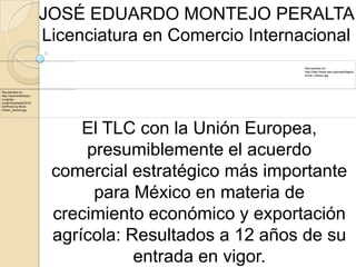 Licenciatura en Comercio Internacional
                                                          Recuperado en:
                                                          http://http://www.oas.org/imgs/flags/b
                                                          anner_mexico.jpg



Recuperado en:
http://www.britishfutur
e.org/wp-
content/uploads/2012/
02/Photo-by-Rock-
Cohen_banner.jpg




                      El TLC con la Unión
         Europea, presumiblemente el acuerdo
          comercial estratégico más importante
                 para México en materia de
          crecimiento económico y exportación
          agrícola: Resultados a 12 años de su
                        entrada en vigor.
JOSÉ EDUARDO MONTEJO PERALTA
 
