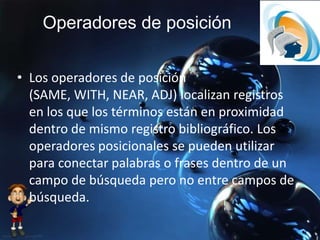 Operadores de posición
• Los operadores de posición
(SAME, WITH, NEAR, ADJ) localizan registros
en los que los términos están en proximidad
dentro de mismo registro bibliográfico. Los
operadores posicionales se pueden utilizar
para conectar palabras o frases dentro de un
campo de búsqueda pero no entre campos de
búsqueda.
 