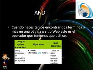 AND
• Cuando necesitamos encontrar dos términos o
más en una página o sitio Web este es el
operador que tenemos que utilizar.
 
