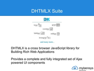 DHTMLX Suite




DHTMLX is a cross browser JavaScript library for
Building Rich Web Applications

Provides a complete and ...