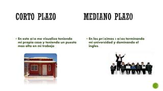  En este año me visualizo teniendo
mi propia casa y teniendo un puesto
mas alto en mi trabajo
 En los próximos 5 años terminando
mi universidad y dominando el
ingles.
 
