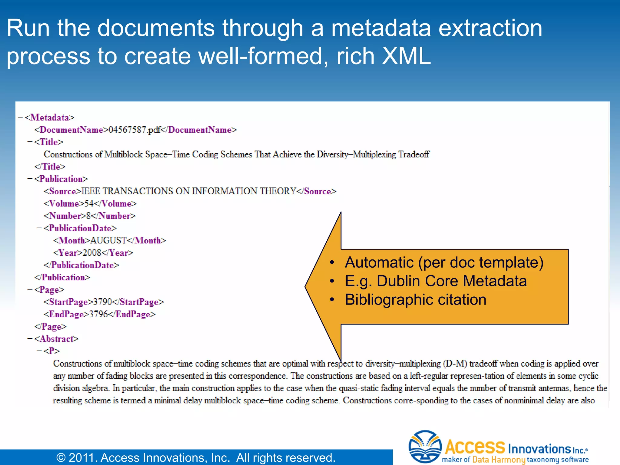 Run the documents through a metadata extraction
process to create well-formed, rich XML




                                                       • Automatic (per doc template)
                                                       • E.g. Dublin Core Metadata
                                                       • Bibliographic citation




    © 2011. Access Innovations, Inc. All rights reserved.
 