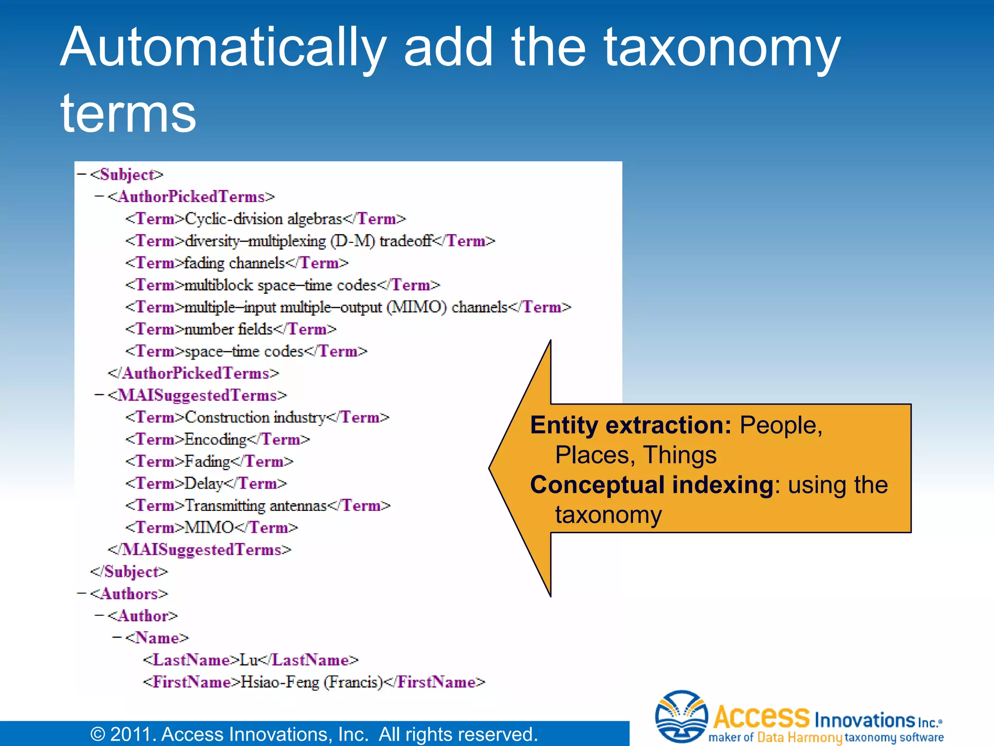 Automatically add the taxonomy
terms




                                                    Entity extraction: People,
                                                      Places, Things
                                                    Conceptual indexing: using the
                                                      taxonomy




 © 2011. Access Innovations, Inc. All rights reserved.
 