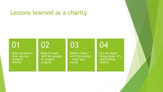 Lessons learned as a charity
Keep focused on
what you are
trying to
achieve
01
Keep in touch
with the analyst
on project
progress
02
Define “done”
with the analyst
– meet your
needs
03
It’s not about
being clever, it’s
about being
helpful
04
 