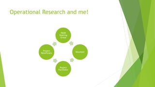 Operational Research and me!
PBOR
Steering
Group
Volunteer
Project
Facilitator
Project
Beneficiary
 