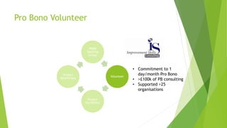 Pro Bono Volunteer
PBOR
Steering
Group
Volunteer
Project
Facilitator
Project
Beneficiary
• Commitment to 1
day/month Pro Bono
• >£100k of PB consulting
• Supported >25
organisations
 