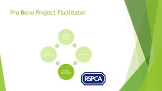 Pro Bono Project Facilitator
PBOR
Steering
Group
Volunteer
Project
Facilitator
Project
Beneficiary
 