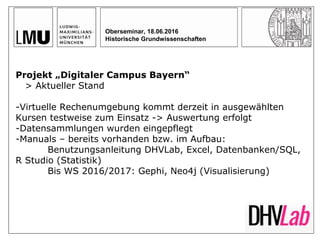 Oberseminar, 18.06.2016
Historische Grundwissenschaften
Projekt „Digitaler Campus Bayern“
> Aktueller Stand
-Virtuelle Rec...