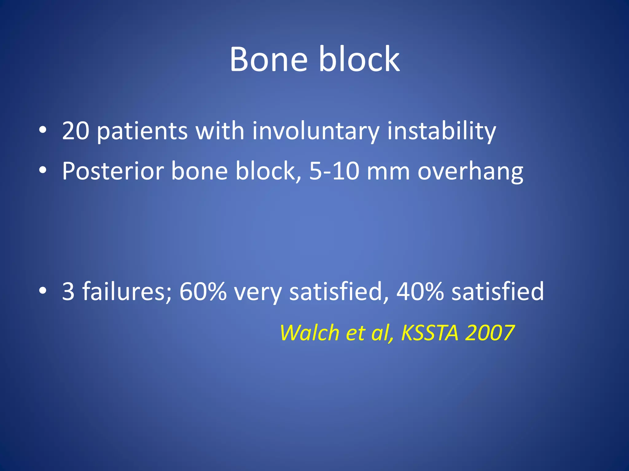 Bone block 
• 20 patients with involuntary instability 
• Posterior bone block, 5-10 mm overhang 
• 3 failures; 60% very satisfied, 40% satisfied 
Walch et al, KSSTA 2007 
 