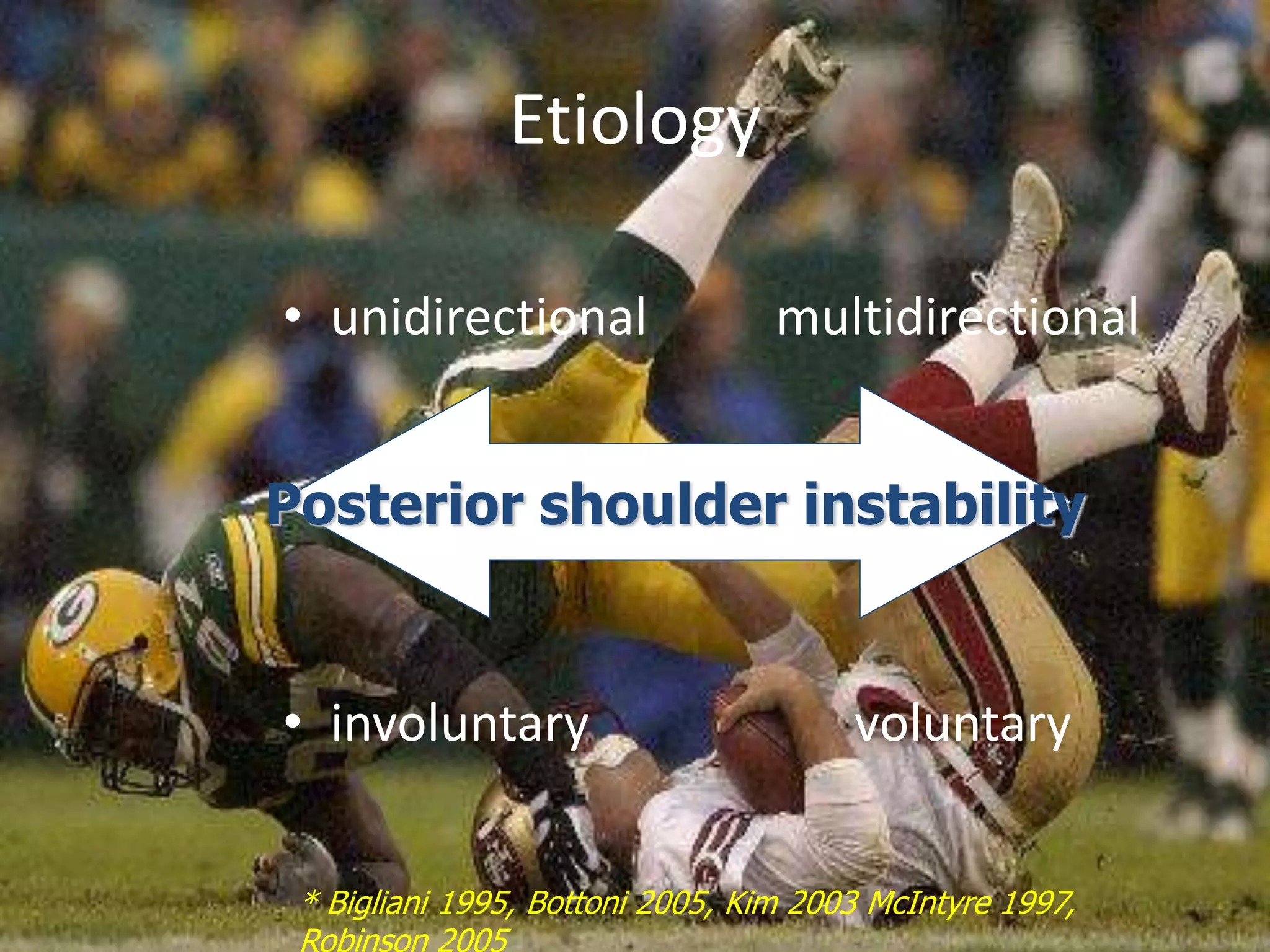 Etiology 
• unidirectional multidirectional 
Posterior shoulder instability 
• involuntary voluntary 
* Bigliani 1995, Bottoni 2005, Kim 2003 McIntyre 1997, 
Robinson 2005 
 