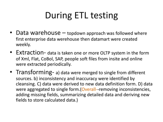 DATA WAREHOUSE -- ETL testing Plan | PPTX