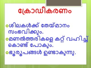 ത്തപ്കാഡീകരണം 
ശിലകള്‍ക്ക് ത്തതയ്മാനം 
സ്ംഭവിക്കനം. 
മണല്‍ത്തരികന്‍റള കറ്റ് വഹിച്ച് 
ന്‍റകാണ്ട് ത്തരാകനം. 
ഭൂരൂരങ്ങള്‍ ഉണ്ടാകനന്ന. 
 