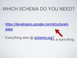 WHICH SCHEMA DO YOU NEED?
• https://developers.google.com/structured-
data/
• Everything else @ schema.org?
It’s a sure thing.
 