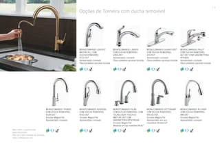 Opções de Torneira com ducha removível
MONOCOMANDO SIGNATURE®
COM DUCHA REMOVÍVEL
470-DST
Apresentado cromado
Placa protetora opcional incluída
MONOCOMANDO PALO®
COM DUCHA REMOVÍVEL
467-DST COM SABONETEIRA
RP44651
Apresentado cromado
Placa protetora opcional incluída
MONOCOMANDO LINDEN™
WATERFALL COM
DUCHA REMOVÍVEL
4153-DST
Apresentado cromado
Placa protetora opcional incluída
MONOCOMANDO LINDEN
COM DUCHA REMOVÍVEL
4353-DST
Apresentado cromado
Placa protetora opcional incluída
MONOCOMANDO ALLORA®
COM DUCHA REMOVÍVEL
989-DST
Encaixe MagnaTite
Apresentado cromado
MONOCOMANDO VICTORIAN®
COM DUCHA REMOVÍVEL
955-SS-DST
Encaixe MagnaTite
Apresentado em aço
inoxidável Brilliance®
MONOCOMANDO ADDISON
COM DUCHA REMOVÍVEL
9192-DST
Encaixe MagnaTite
Apresentado cromado
MONOCOMANDO TRINSIC
COM DUCHA REMOVÍVEL
9159-DST
Encaixe MagnaTite
Apresentado cromado
MONOCOMANDO PILAR
COM DUCHA REMOVÍVEL COM
TECNOLOGIA TOUCH2O
980T-AR-DST COM
SABONETEIRA RP50781AR
Encaixe MagnaTite
Mostrado em aço inoxidável Arctic™
Mais estilos e acabamentos
estão disponíveis.
Para ver a lista completa de produtos,
visite o deltafaucet.com.
9
 
