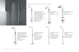 Sistemas de barra para chuveiro
SISTEMA DE BARRA PARA
CHUVEIRO COM JATO
ISP00003
Utilize com qualquer
misturador de chuveiro e
banheira na parede
Apresentado cromado
Altura ajustável
Para ver a lista completa de produtos, visite o deltafaucet.com.
SISTEMA DE BARRA PARA
CHUVEIRO COM JATO,
CHUVEIRO DE FUNÇÃO ÚNICA
E MISTURADOR NA PAREDE
PARA CHUVEIRO GRAIL®
25250-LH750 ISP00003
CABO DE AÇO ISH11003
Sem jato: 25250-LALH350
ISP00059 ISH11003
Apresentado cromado
Altura ajustável
BARRA PARA
CHUVEIRO CELESTE®
33550-LP
Apresentado cromado
BARRA PARA CHUVEIRO
ISP00059
Utilize com qualquer
misturador de chuveiro
e banheira na parede
Apresentado cromado
BARRA PARA CHUVEIRO
ISP00004
Utilize com qualquer
misturador de chuveiro e
banheira na parede
Apresentado cromado
Altura ajustável
SISTEMA DE BARRA PARA
CHUVEIRO COM CHUVEIRO
DE FUNÇÃO ÚNICA E
MISTURADOR NA PAREDE
PARA BANHEIRA MANDOLIN®
26550-LH860 ISP00004
ISH11002
Apresentado cromado
Altura ajustável
BARRA PARA CHUVEIRO
COM JATO ARZO®
26050
Apresentado cromado
 